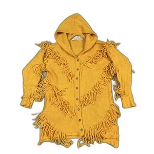 Gil Aimez Cardigan Sweater Womens Medium Yellow Hooded Pockets Wool Fringe Boho